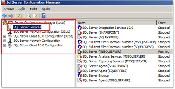 Selecionando o Serviço do SQL Server