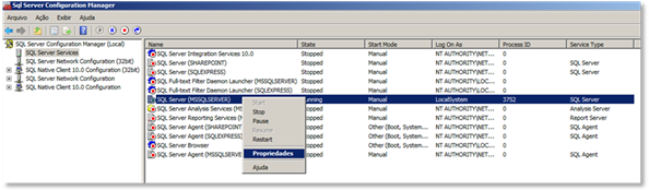 Selecionando a opção Propriedades do Serviço da Instancia do Banco de dados