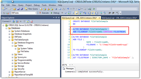 Executando o Script de Alteração do Database e adicionando um grupo de arquivos FileStream para  o banco de dados