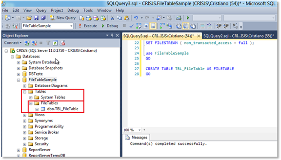 Tabela FileTable criada com sucesso