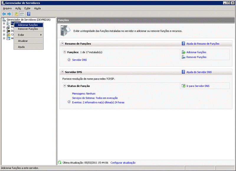 Gerenciador de Servidores - Adicionando função de Serviços de Domínio Active Directory