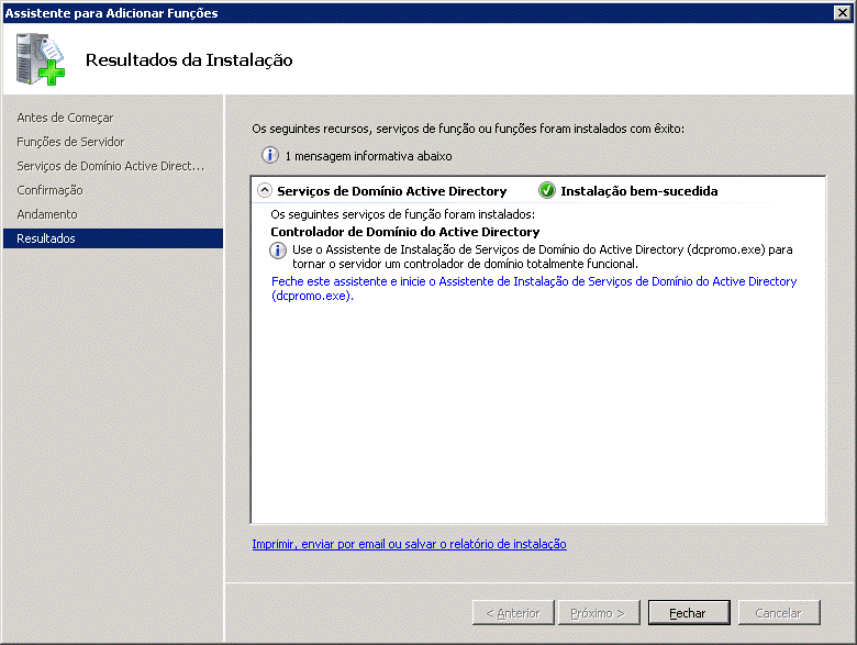 Resultado da instalação do Active Directory