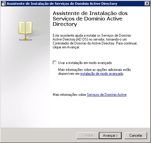 Tela inicial do assistente de instalação dos Serviços de Domínio 
Active Directory