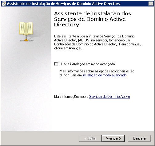 Tela inicial do assistente de instalação dos Serviços de Domínio Active Directory