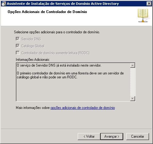 Opções adicionais  de controlador de domínio