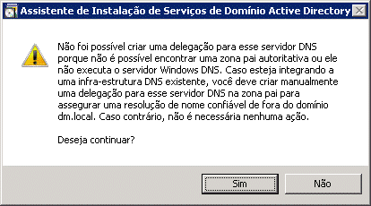 Alerta sobre criação de uma delegação para o servidor DNS