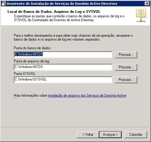 Local de banco de dados, arquivos de Log e SYSVOL