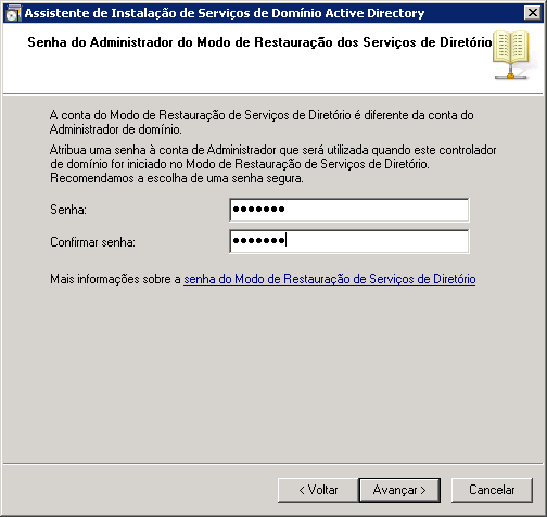 Senha do administrador  do modo de restauração  dos serviços de diretório