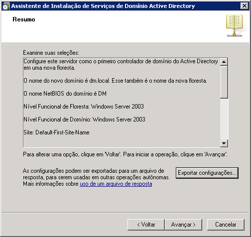 Resumo do assistente de instalação de serviços de domínio do AD