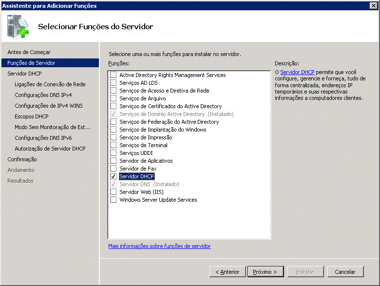 Selecionando a função Servidor DHCP