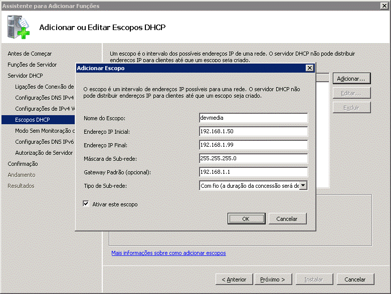 Adicionar ou Editar Escopos DHCP