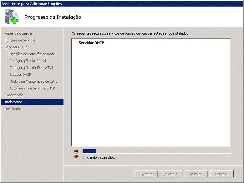 Progresso de instalação do servidor DHCP