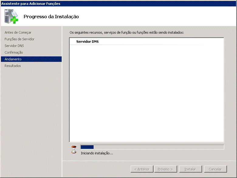 Progresso de instalação do Servidor DNS