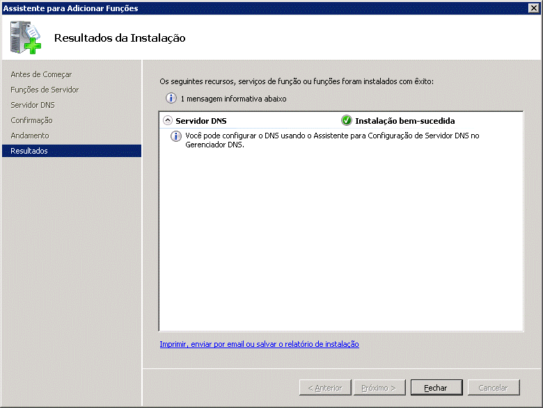 Resultados da instalação do servidor DNS