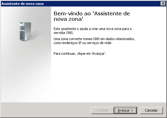 Tela inicial do assistente de nova zona