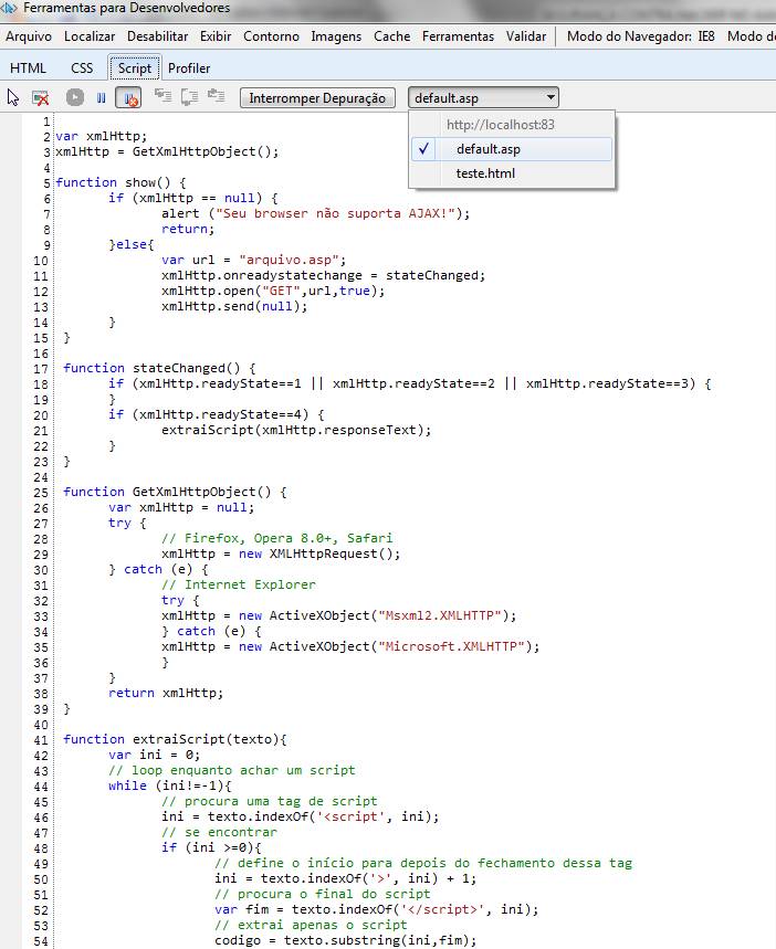 Código-fonte da página arquivo.asp visto no Internet Explorer