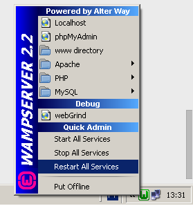 Reiniciando os serviços no WAMPSERVER