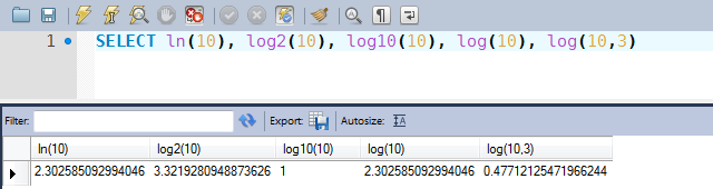 Exemplos de uso das funções LN, LOG2, LOG10 e LOG