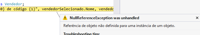 Exceção de referência nula por não haver item selecionado