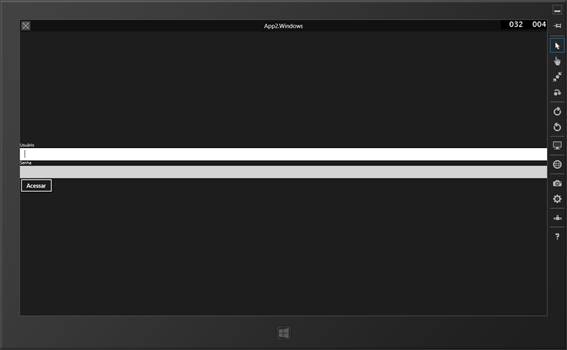 Aplicação visualizada no emulador de tablet com Windows 8.1