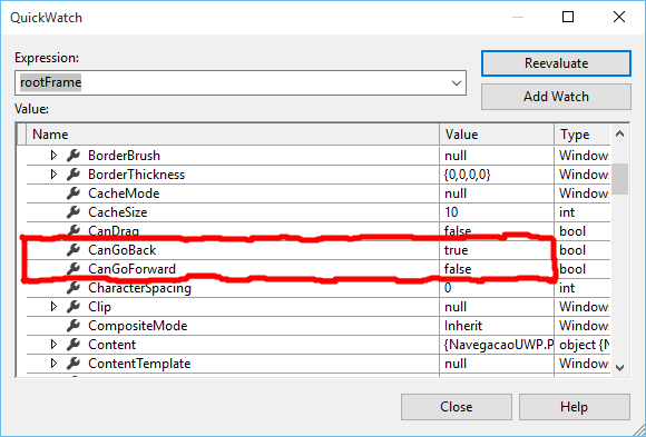 Propriedades do Frame ao voltar para a página anterior