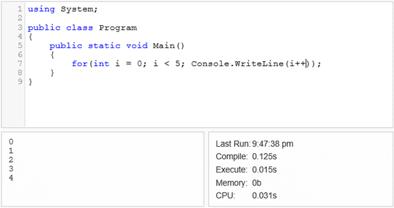 Exemplo de código executado no .NET Fiddle