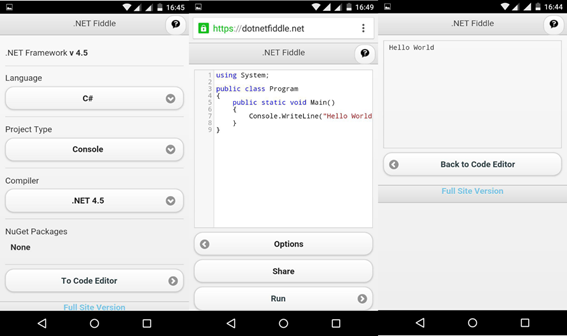 .NET Fiddle em dispositivo mobile