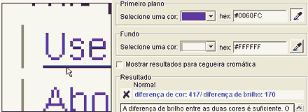 Exemplo da área de ampliação em volta do cursor quando o seletor de cores é ativado. A cor sobre a ponta do cursor aparece na caixa de seleção da paleta de cores