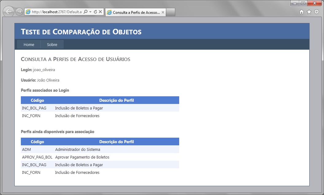 Informações sendo exibidas erroneamente na consulta de perfis de acesso de um usuário