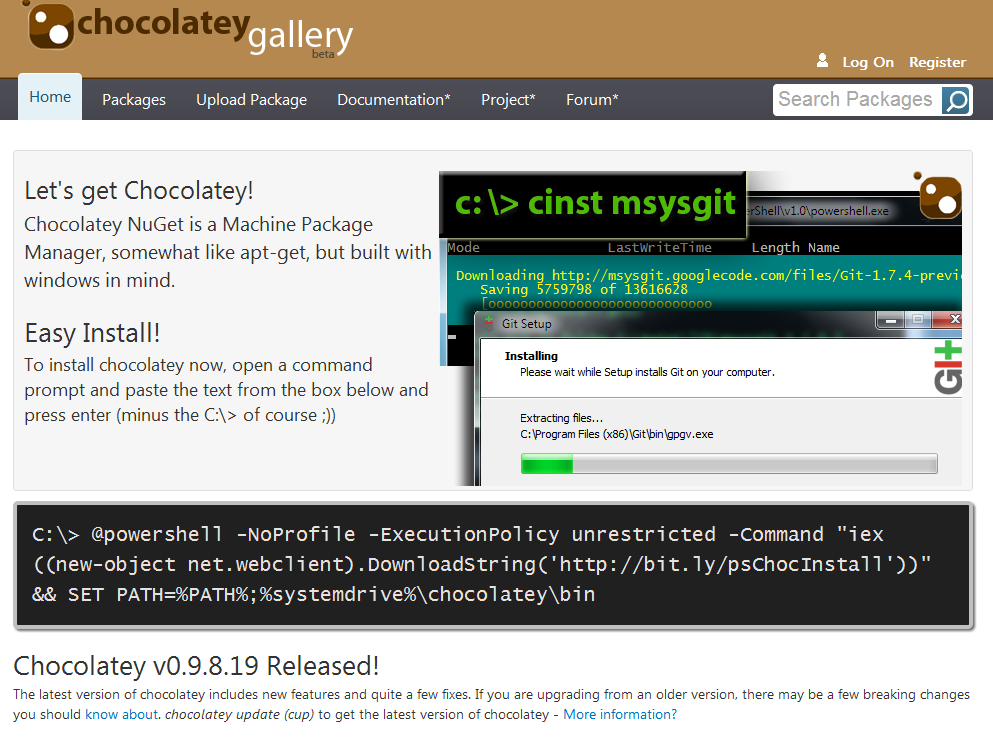 Site inicial do Chocolatey