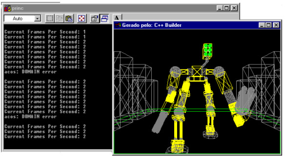 Exceção lançada pelo C++ Builder com o uso da função arcoseno. É importante observar que a queda do frame rate só é sensível em máquinas com aceleração gráfica por hardware: neste caso em que o programa rodou sem aceleração, não há mudança no frame-rate (Pentium I 100 Mhz, 48Mb RAM, Win95).