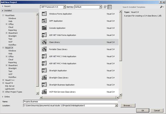 Escolhendo o tipo Class Library